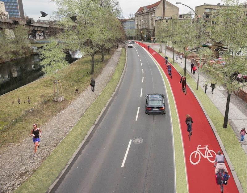 Vorschlag für sichere Radspuren: Straße Tempelhofer Ufer mit Radweg, Composing: Rabea Seibert