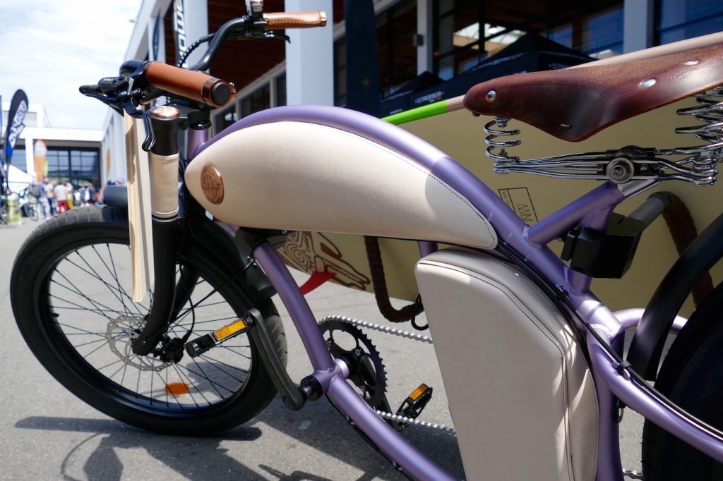 Rayvolt Cruzer e-Bike mit Surfboard