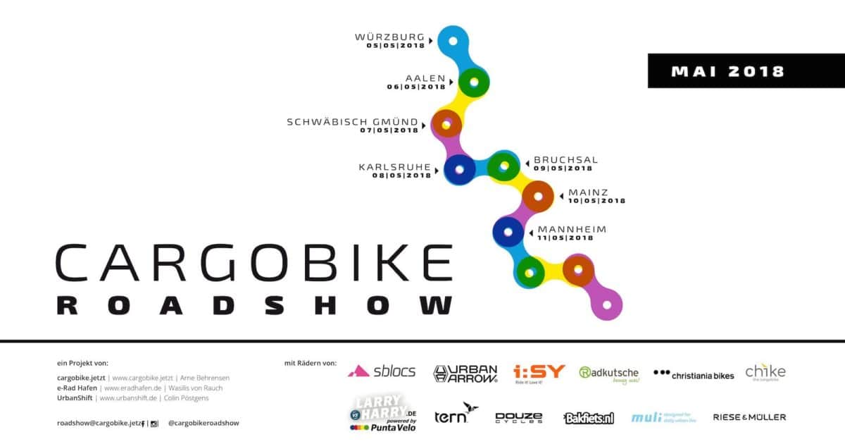 Cargobike Roadshow 2018 Logo mit Stationen und Hersteller quer