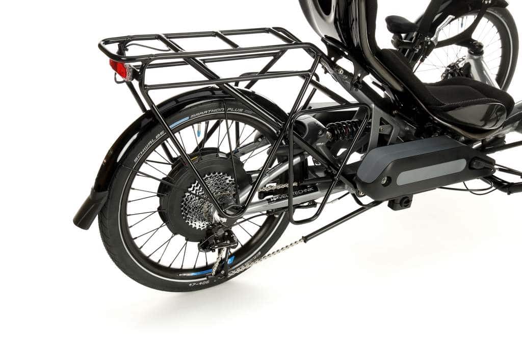 Detailansicht eines neodrives Z20 Heckmotors an einem HP Velotechnik Liegedreirad