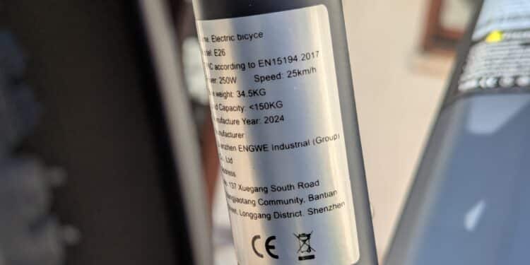 CE-Aufkleber des Engwe E26 – eBikeNews.