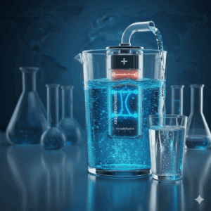 Visualisierung einer Natrium-Ionen-Batterie, die Salzwasser zu Trinkwasser filtert (KI-generiert)