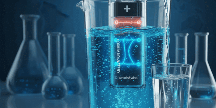 Visualisierung einer Natrium-Ionen-Batterie, die Salzwasser zu Trinkwasser filtert (KI-generiert)