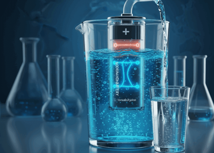Visualisierung einer Natrium-Ionen-Batterie, die Salzwasser zu Trinkwasser filtert (KI-generiert)