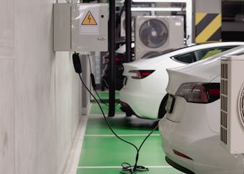 Electric vehicles charging at an indoor station in a modern underground garage.