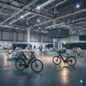 Konstruiertes Bild einer leeren Messehalle mit E-Bikes. Generiert von Gemini.