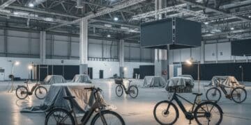 Konstruiertes Bild einer leeren Messehalle mit E-Bikes. Generiert von Gemini.