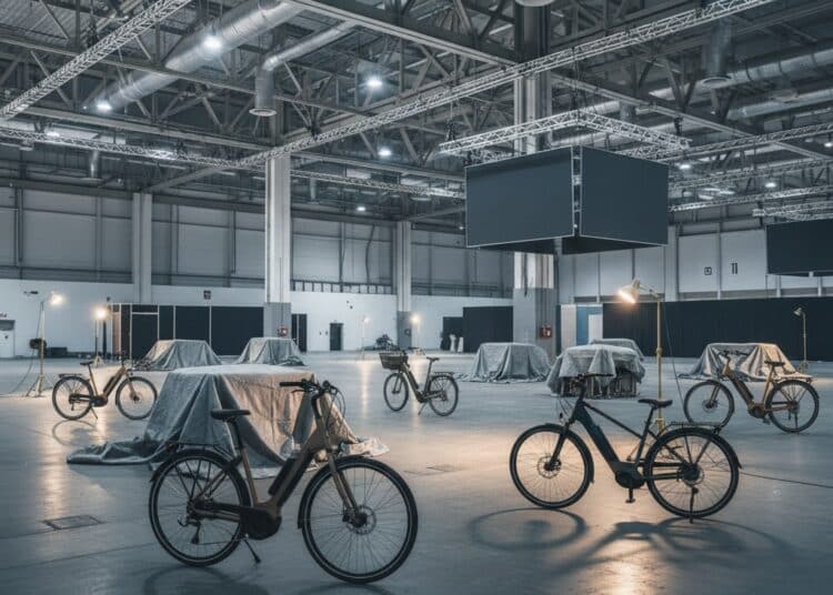 Konstruiertes Bild einer leeren Messehalle mit E-Bikes. Generiert von Gemini.