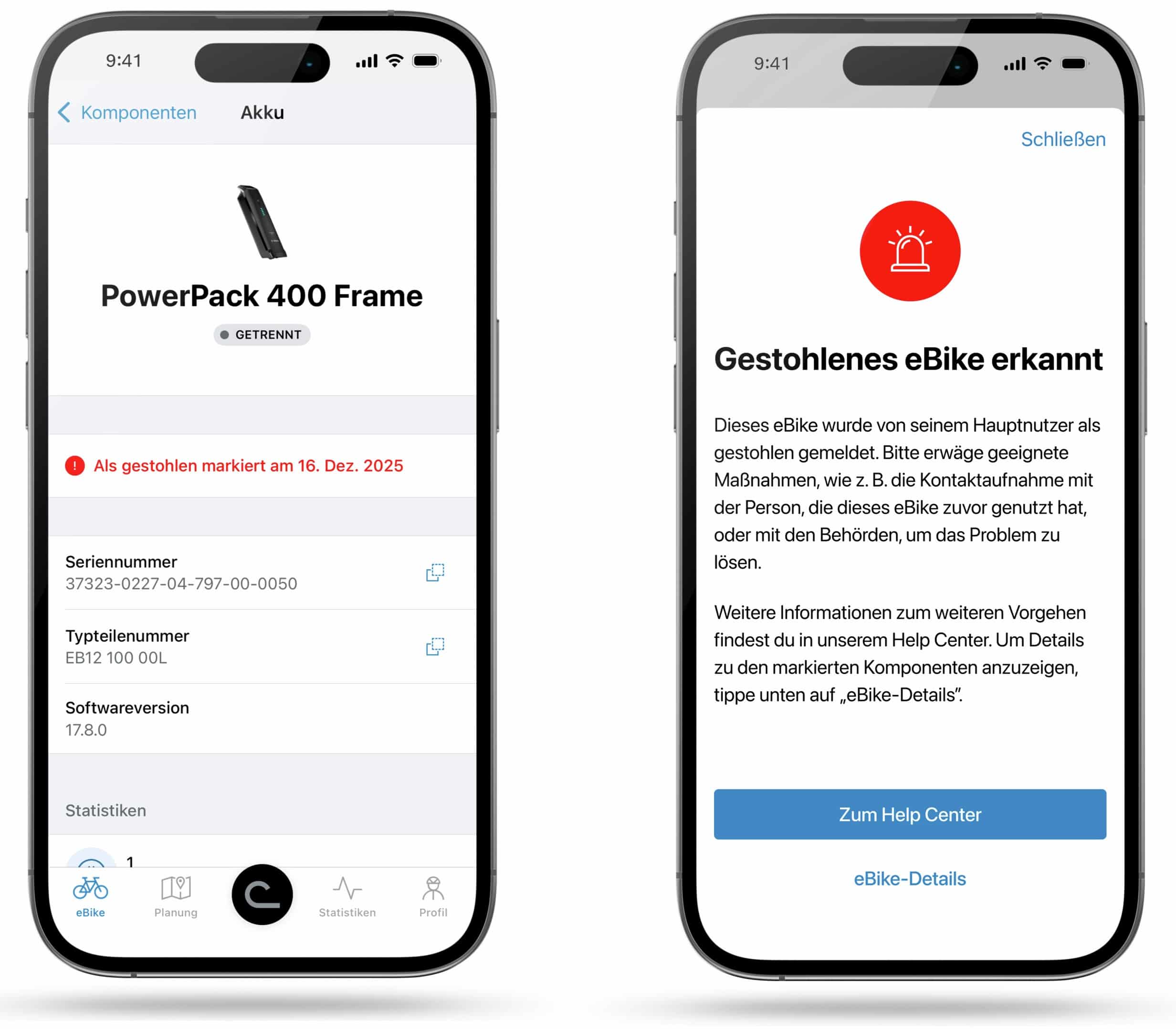 Diebstahl-Hinweis in der Bosch Flow App