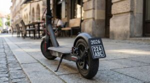 E-Scooter mit neuem schwarzen Versicherungskennzeichen 2026 auf einem Gehweg