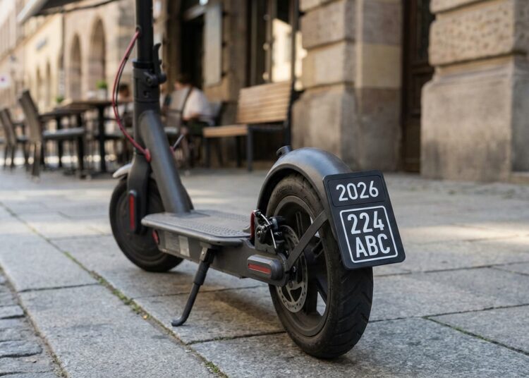 E-Scooter mit neuem schwarzen Versicherungskennzeichen 2026 auf einem Gehweg