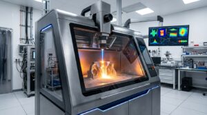 Symbolbild: Futuristischer 3D-Drucker in einem Forschungslabor druckt metallische Legierungen per Laser (KI-generiert)