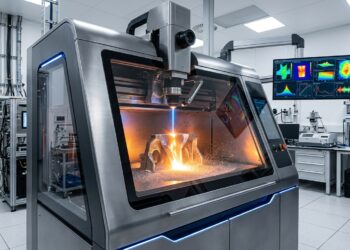 Symbolbild: Futuristischer 3D-Drucker in einem Forschungslabor druckt metallische Legierungen per Laser (KI-generiert)