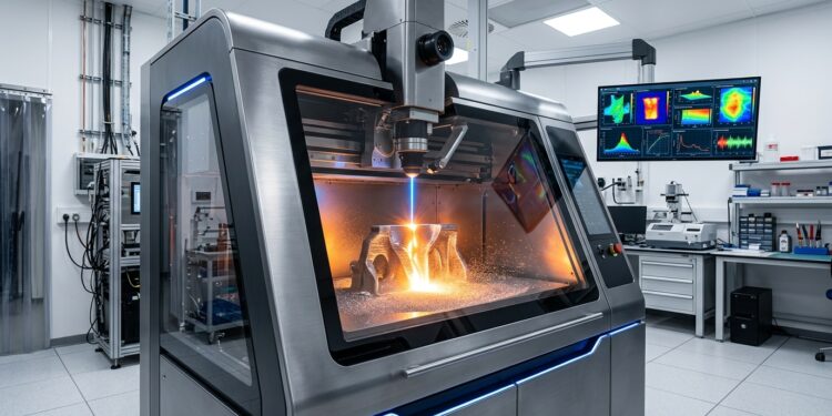 Weltweit einzigartig: 3D-Drucker soll Seltene Erden überflüssig machen Symbolbild: Futuristischer 3D-Drucker in einem Forschungslabor druckt metallische Legierungen per Laser (KI-generiert)