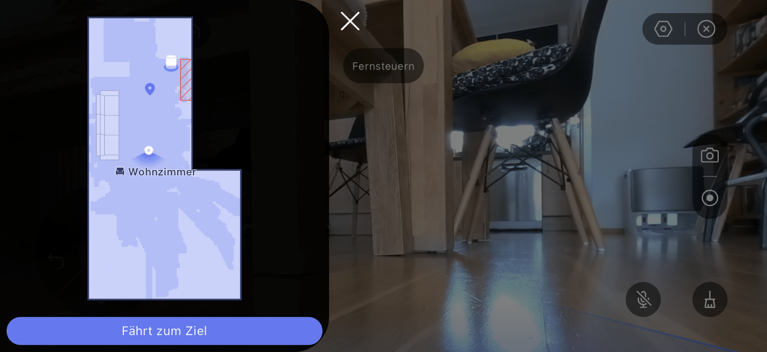 Narwal Flow Fernsteuerung Karte und Kamerabild