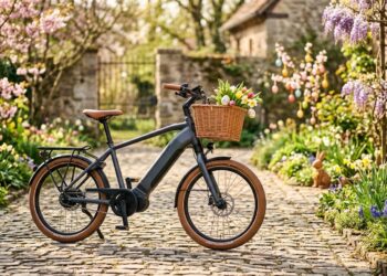 E-Bike im frühlingshaften Oster-Setting auf Kopfsteinpflaster
