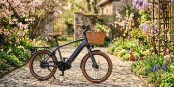 E-Bike im frühlingshaften Oster-Setting auf Kopfsteinpflaster