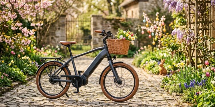 Bis 53 % günstiger: 420 refurbished E-Bikes von Cube und KTM im Oster-Sale E-Bike im frühlingshaften Oster-Setting auf Kopfsteinpflaster