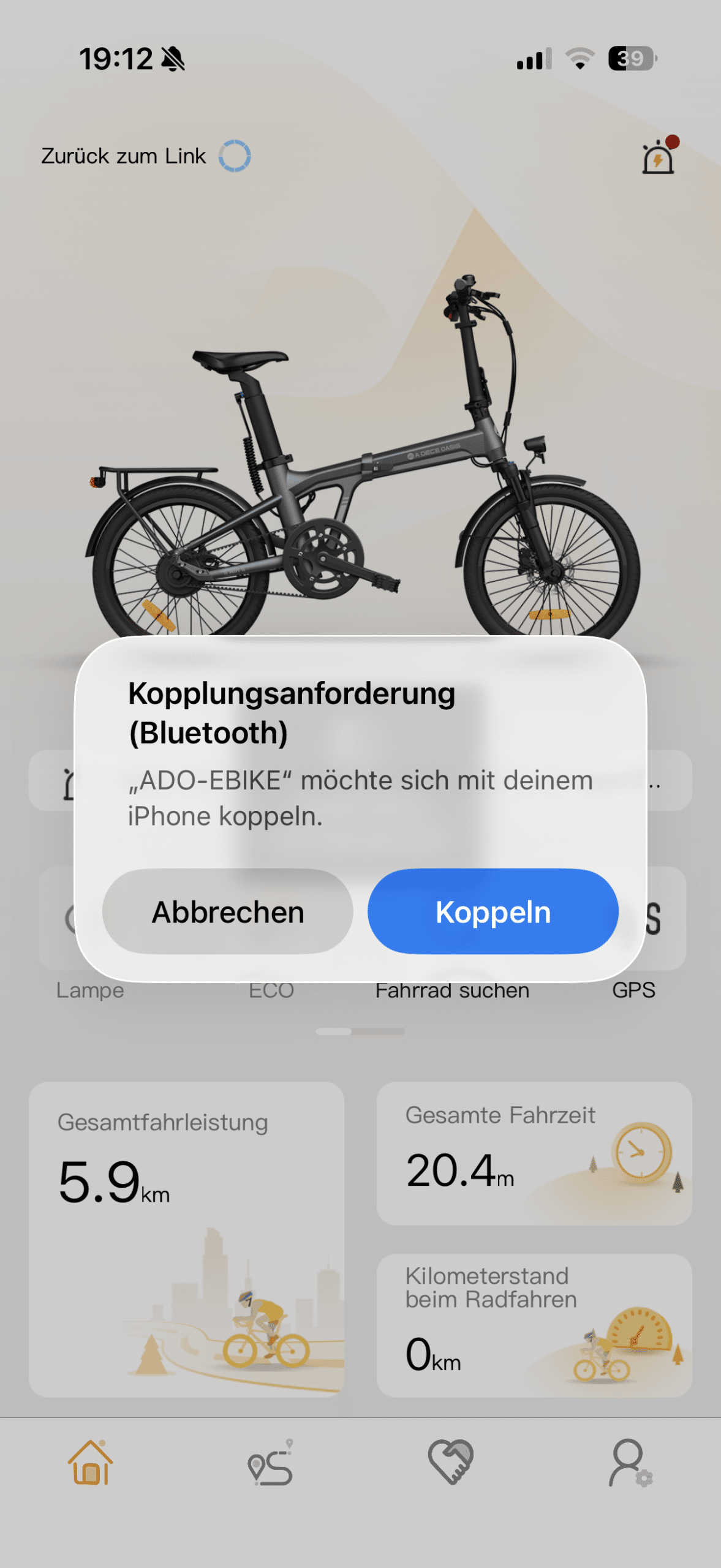 ADO App Startseite mit Fahrzeug-Auswahl