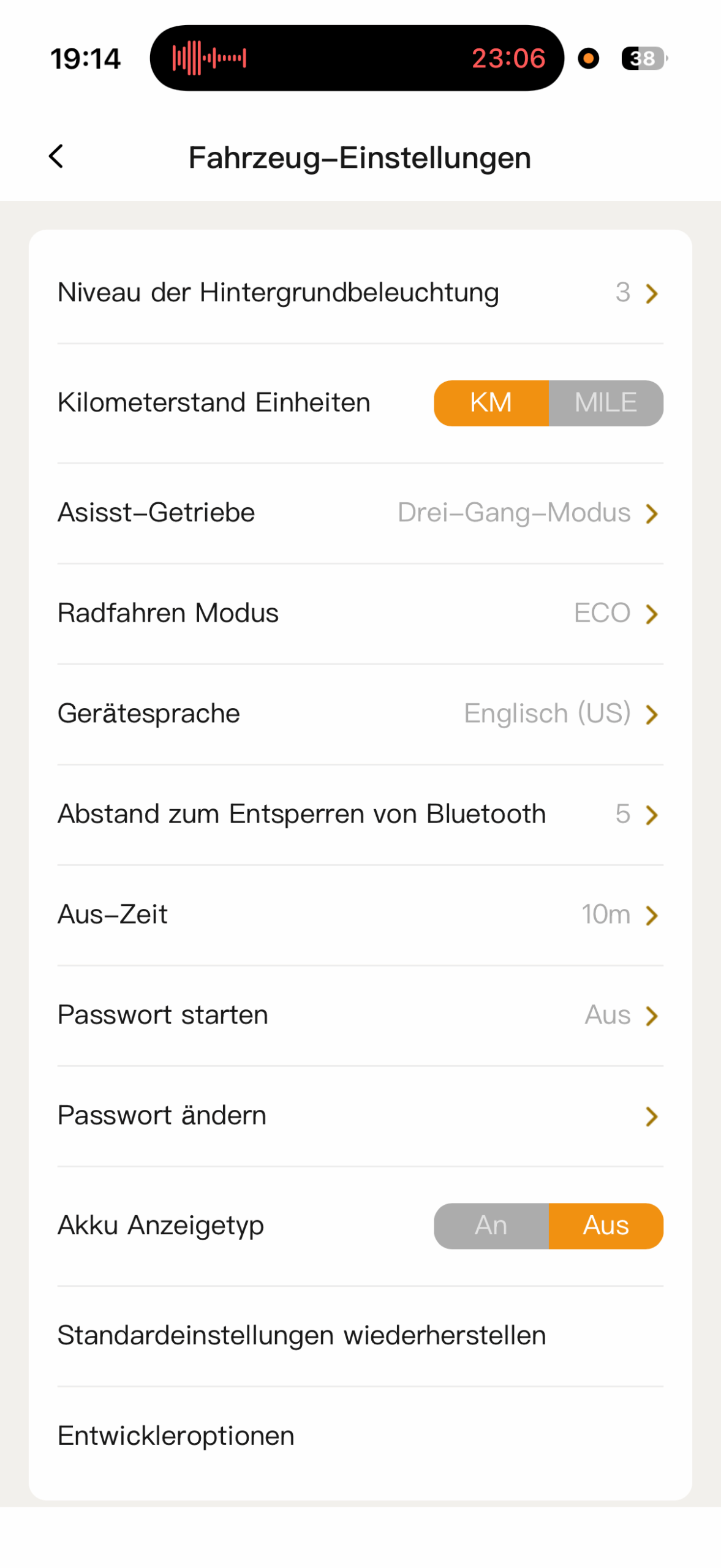 ADO App Fahrzeug-Einstellungen Sport- und Eco-Modus