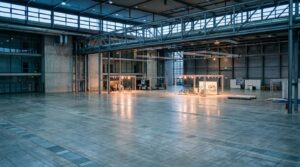 Leere moderne Messehalle als Symbolbild für die schrumpfende Eurobike, kaltes Morgenlicht