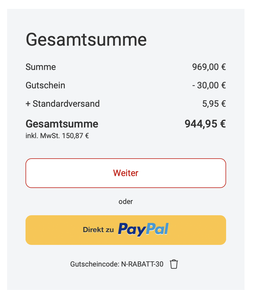 Netto Checkout mit Gutscheincode N-RABATT-30: Gesamtpreis 944,95 Euro
