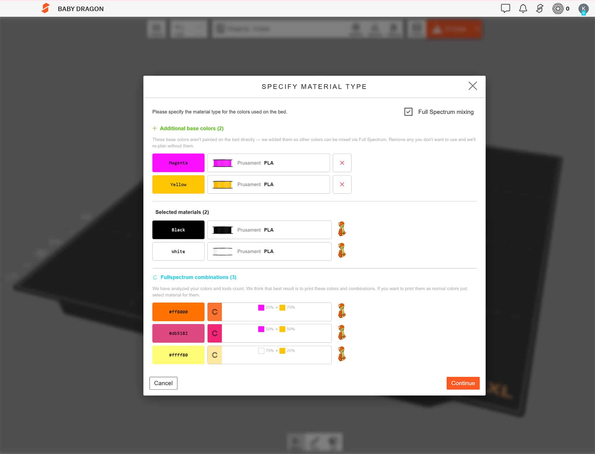 EasyPrint-Oberfläche mit Full-Spectrum-Farbmischung