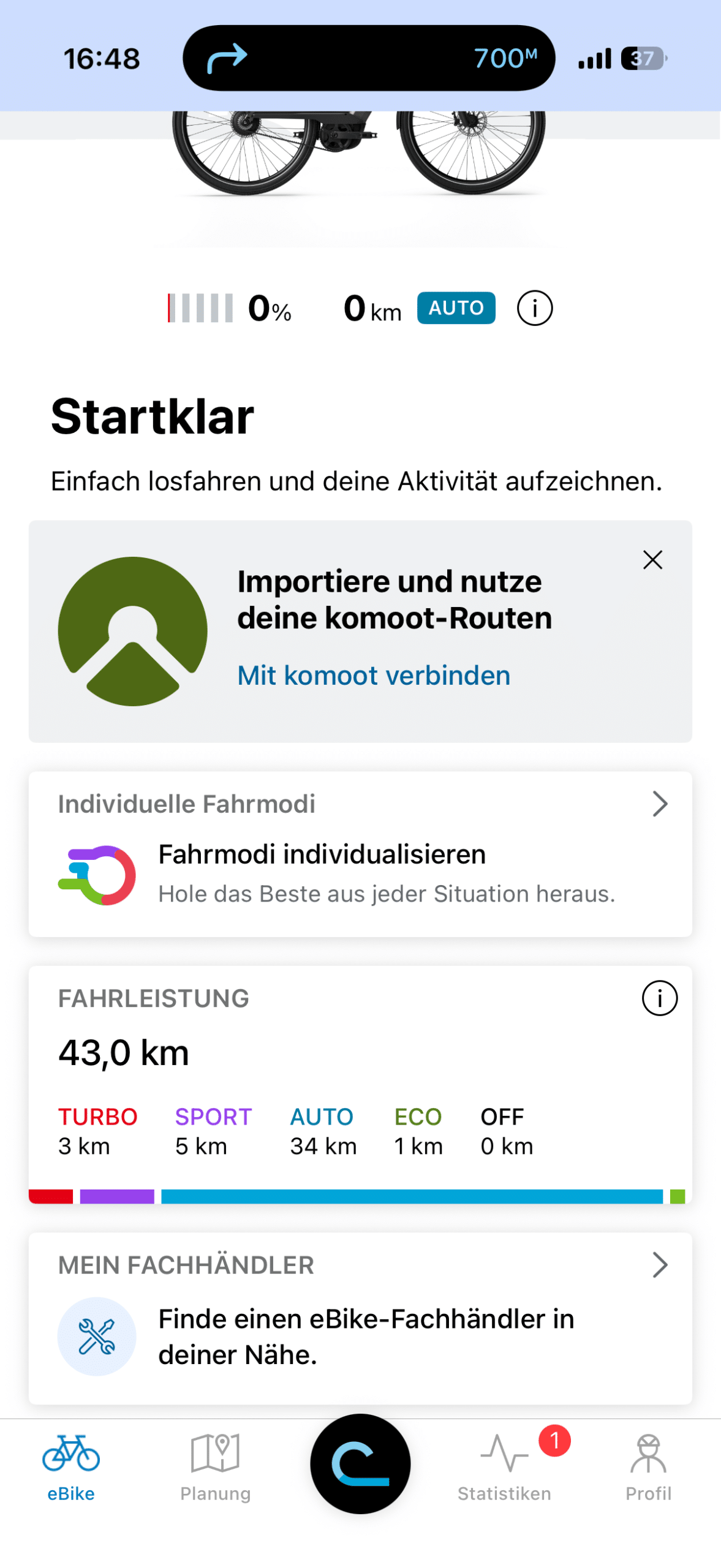 Bosch Flow App zeigt 43 Kilometer Fahrleistung