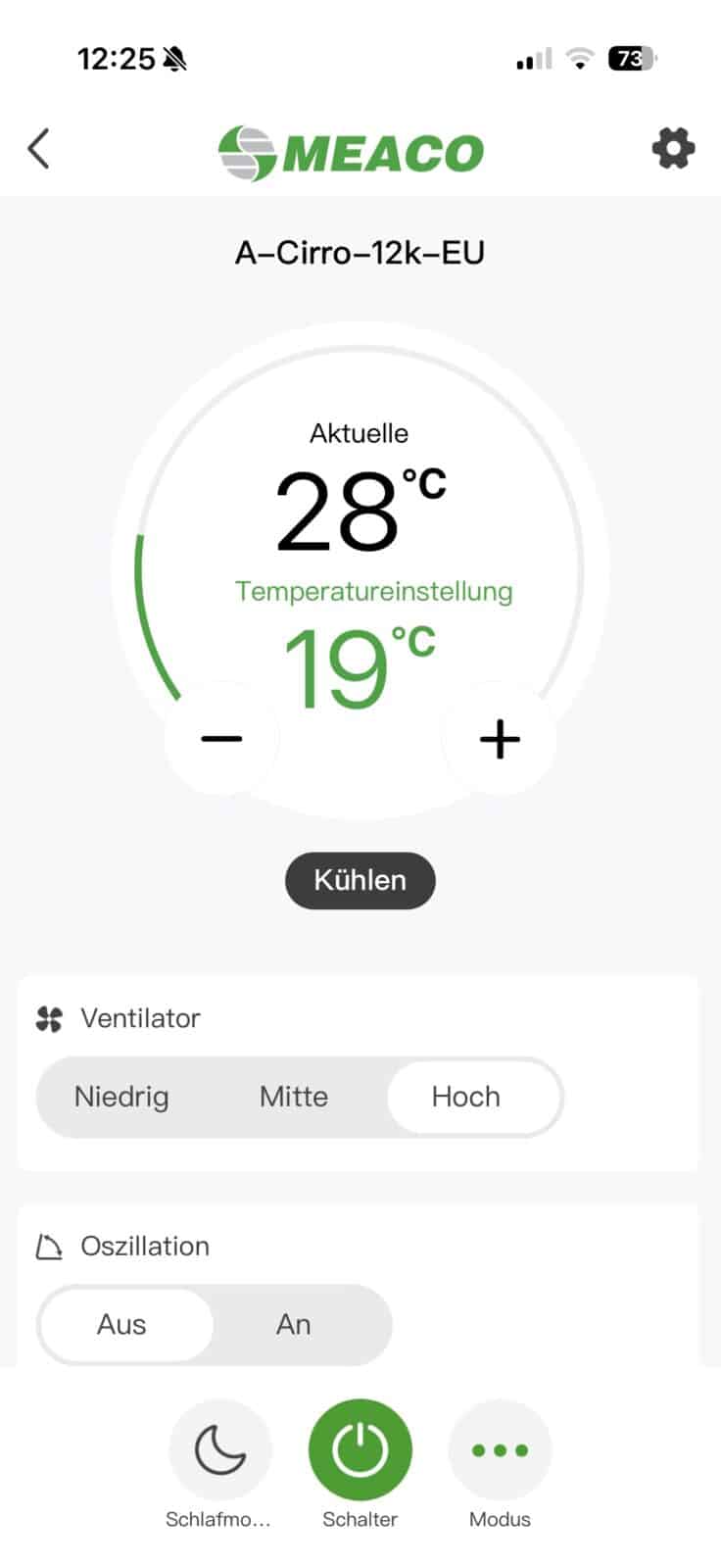 App-Steuerung der Meaco Cirro 12000 mit Temperatur, Betriebsart und Lüfterstufe