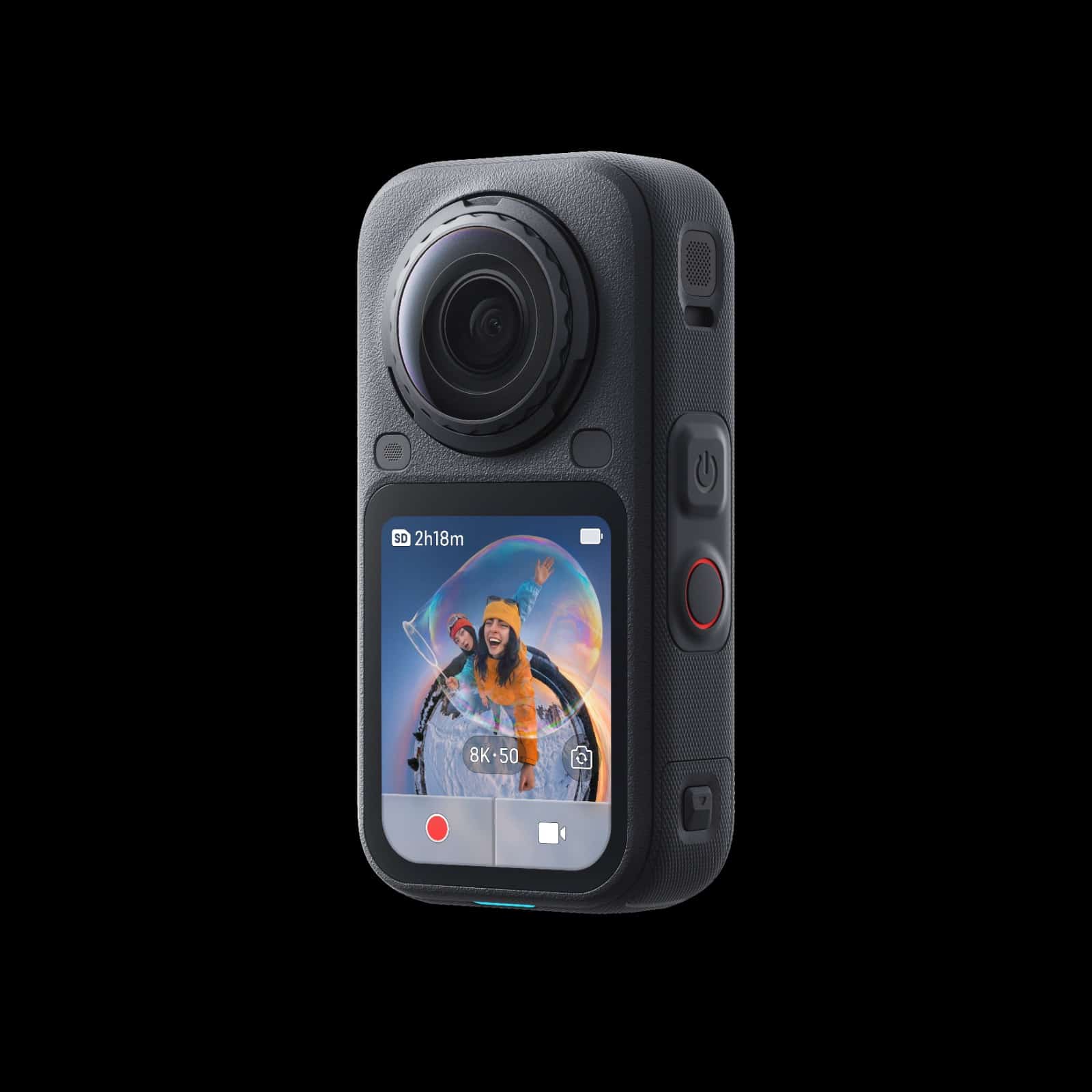 Insta360 X6 von vorn und hinten, die gewölbten Frontlinsen stehen aus dem Gehäuse heraus