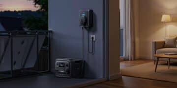 Powerstation als Solarspeicher nutzen: Was kann der neue BLUETTI-Hub? Ein Bluetti Balco Transfer Hub steht auf einem nächtlichen Balkon, an ihm hängt eine Bluetti Powerstation.