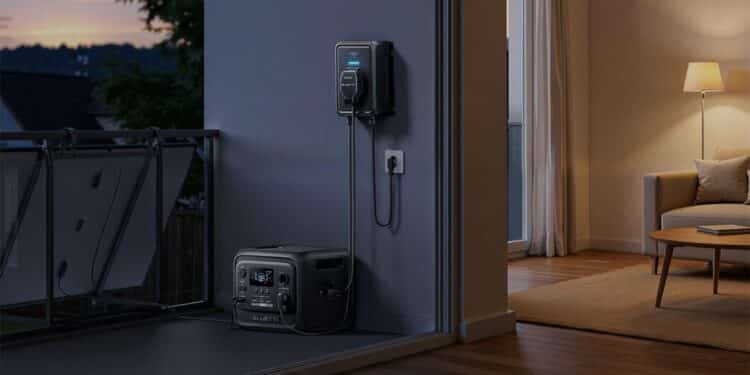 Powerstation als Solarspeicher nutzen: Was kann der neue BLUETTI-Hub? Ein Bluetti Balco Transfer Hub steht auf einem nächtlichen Balkon, an ihm hängt eine Bluetti Powerstation.