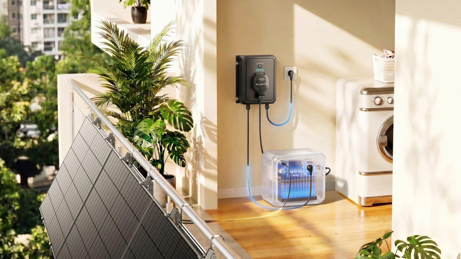 Ein Schema zeigt die Energieflüsse bei einem Bluetti Balco Transfer Hub.