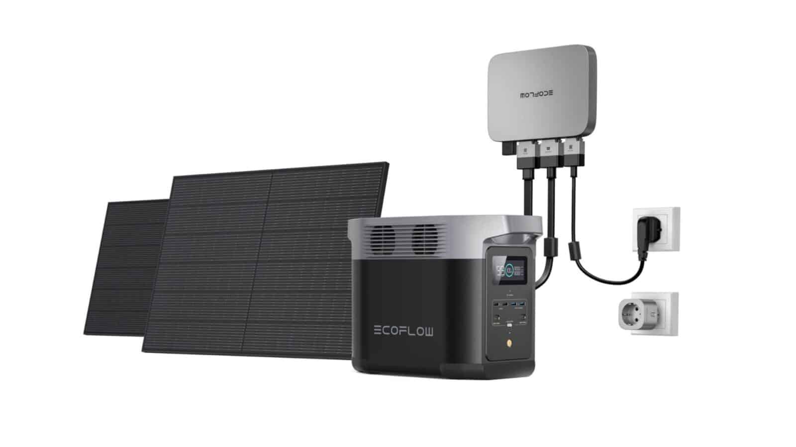 Ein Produktbild des EcoFlow Powerstreams inkl. Powerstation und starren Solarmodulen.