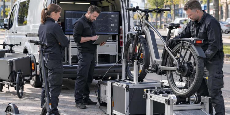 Illegal getunte E-Bikes sollen ab 2027 schneller auffliegen Mobiler Tuning-Prüfstand für E-Bikes & Co. (KI-generiert)