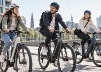 Drei junge Erwachsene fahren mit Helmen auf modernen Urban-E-Bikes durch eine helle europäische Stadt.