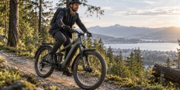 Vollgefedert zur Arbeit & Trail: Taugen E-MTBs mit Vollausstattung als Alltagsräder? Ein Fahrer auf einem E-MTB mit Vollausstattung fährt auf einem Trail. Das E-Mountainbike hat Schutzbleche, Licht und Gepäckträger und verbindet Alltag und Gelände.