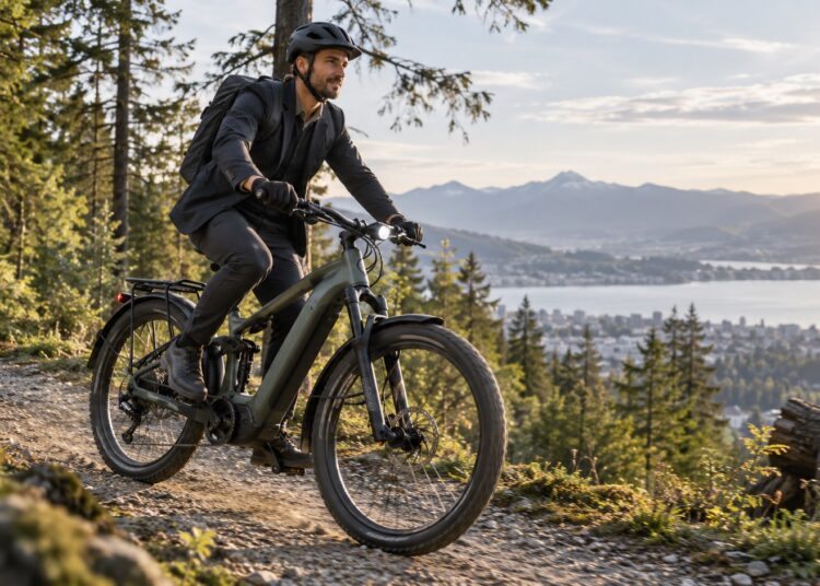 Ein Fahrer auf einem E-MTB mit Vollausstattung fährt auf einem Trail. Das E-Mountainbike hat Schutzbleche, Licht und Gepäckträger und verbindet Alltag und Gelände.