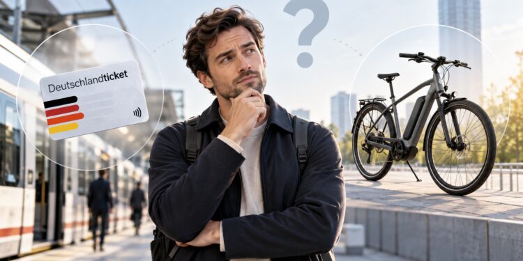 Deutschlandticket wird teurer: Ist das E-Bike günstiger als die Bahn? Pendler zwischen Deutschlandticket und E-Bike als Symbol für den Kostenvergleich 2027